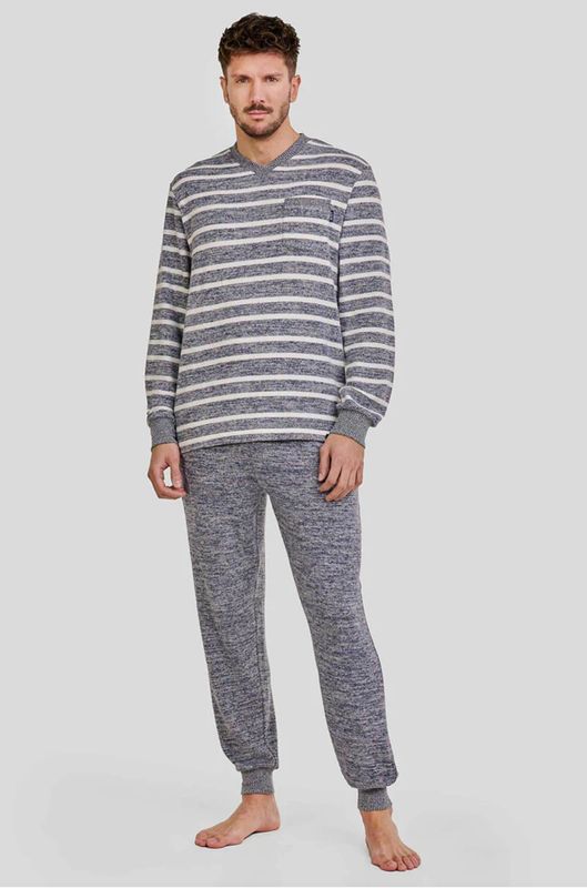 LOHE - Herenpyjama – Lange Mouwen – Blauwgrijs Gestreept – Zachte &amp; Rekbare Stof