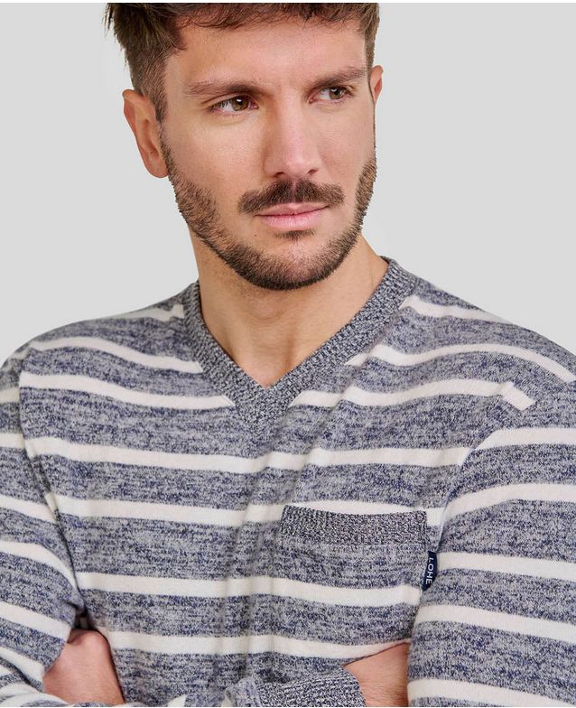 LOHE - Herenpyjama – Lange Mouwen – Blauwgrijs Gestreept – Zachte &amp; Rekbare Stof