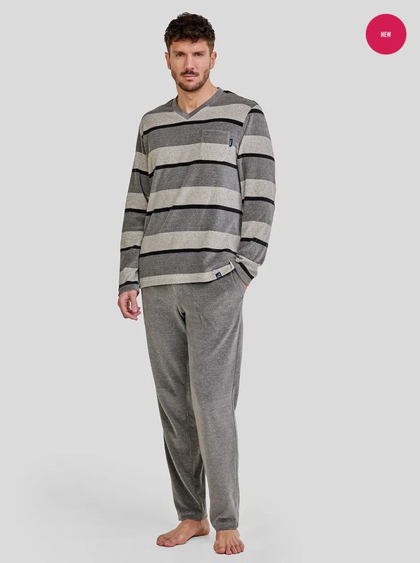Lohe - Herenpyjama – Lange Mouwen – Grijs Gestreept Fluweel – Zacht &amp; Warm
