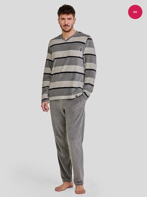 Lohe - Herenpyjama – Lange Mouwen – Grijs Gestreept Fluweel – Zacht &amp; Warm