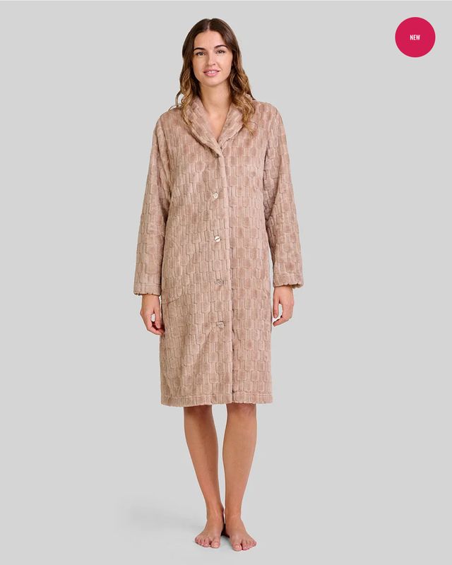 LOHE Dames Kamerjas – Camel Jacquard – Lange Mouwen &amp; Knoopsluiting – Superzacht