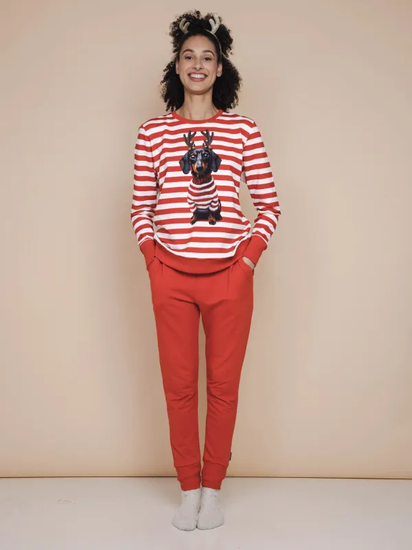 Snurk - Dames Sweater en Broek "Pierre X-Mas" - Rood Gestreept