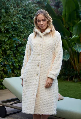 Barandi Dames Kamerjas Toscana – Lange fleece ochtendjas – Crème – Met knoopsluiting en zakken – Superzacht &amp; warm