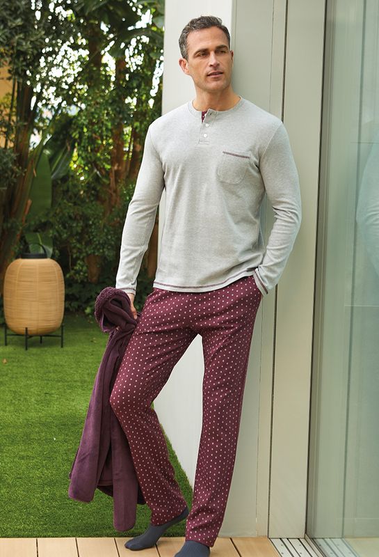 Barandi – Men’s Pyjama “Enrico” – Grey/Bordeaux – Soft Cotton Blend