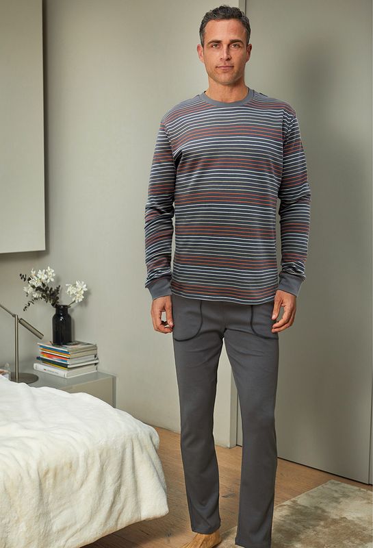 Barandi – Men’s Pyjamas “Salvo” – Striped Top &amp; Dark Grey Velour Pants