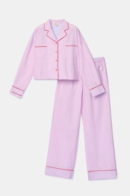 Woody x Kirilove – Damespyjama / Tienerpyjama – Roze Gestreept met Rode Details – Limited Edition Capsulecollectie