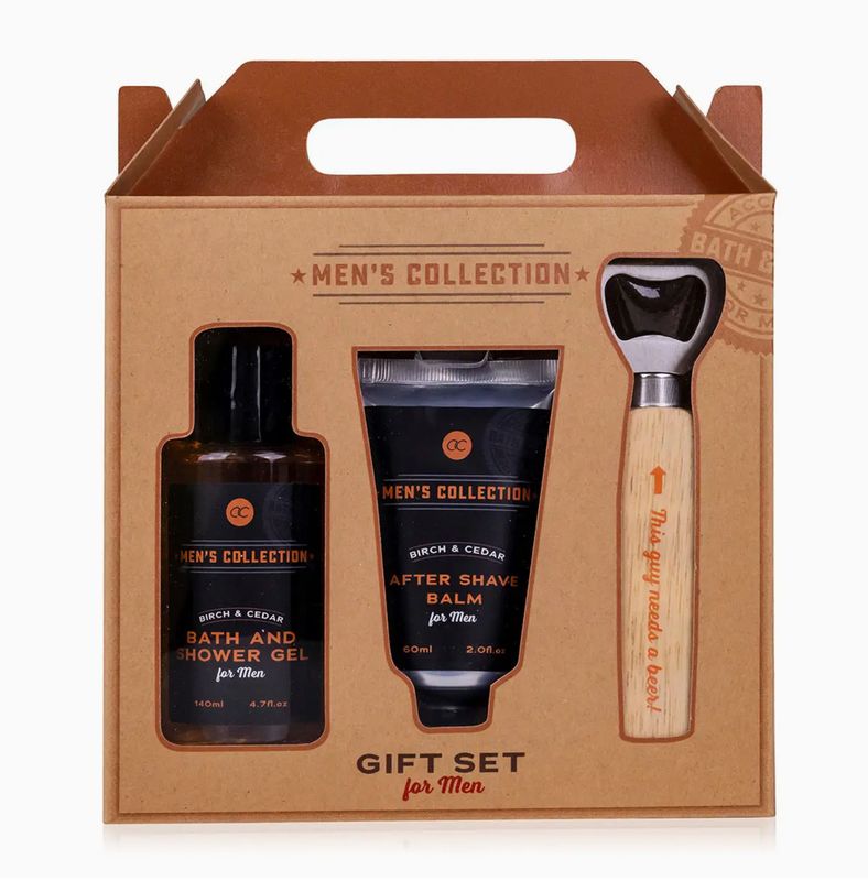 Geschenkset MEN'S COLLECTION in geschenkdoos van kraftpapier met handvat, badset, verzorgingsset
