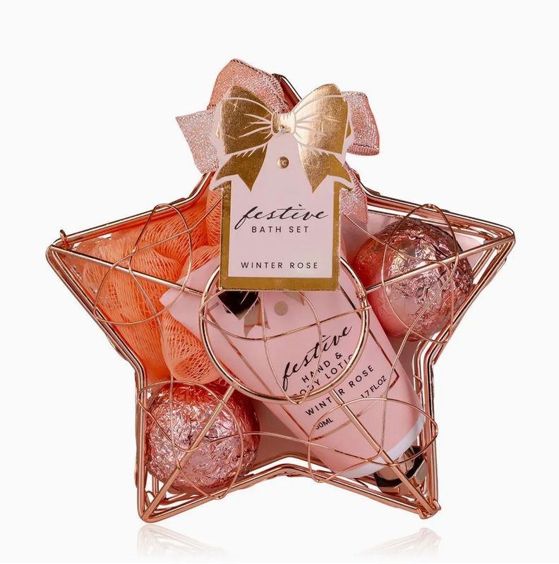 Feestelijke Badset FESTIVE in stervormige draadmand