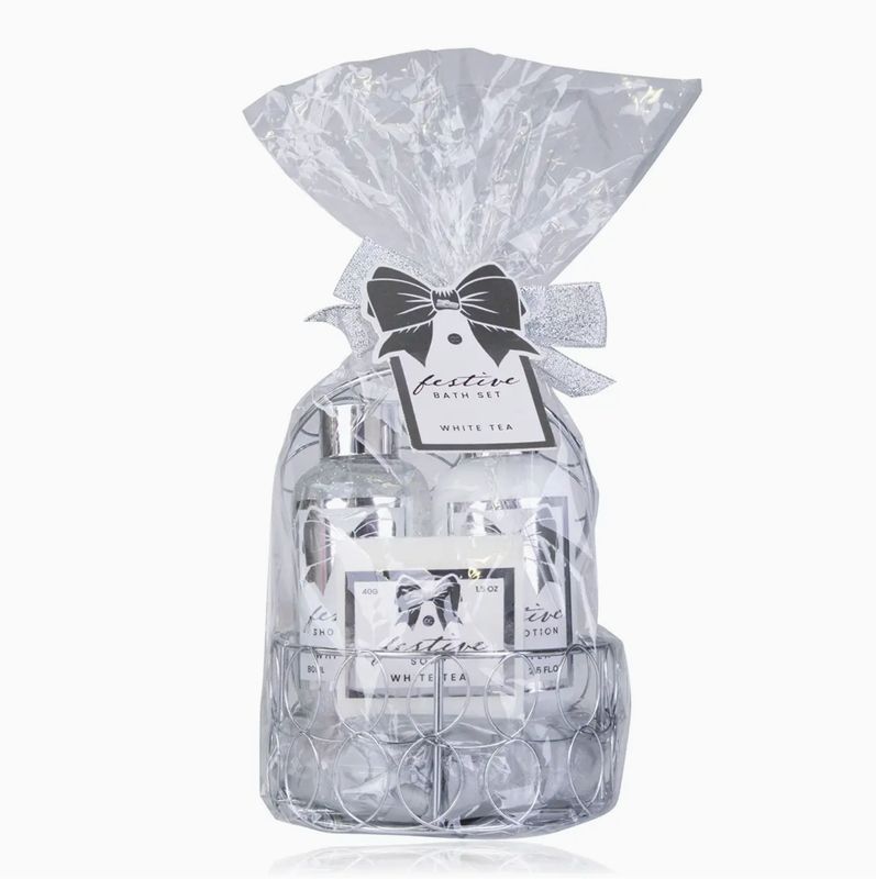 Badset FEESTELIJK in ronde draadmand, incl. 80ml douchegel, 80ml bodylotion, 40g zeep,