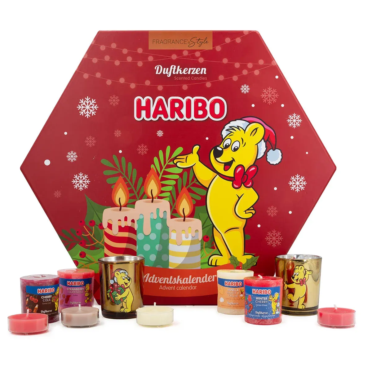 Haribo - Adventskalender met waxinelichtjes en kaarsen – Geurkaarsenset voor de kerstperiode