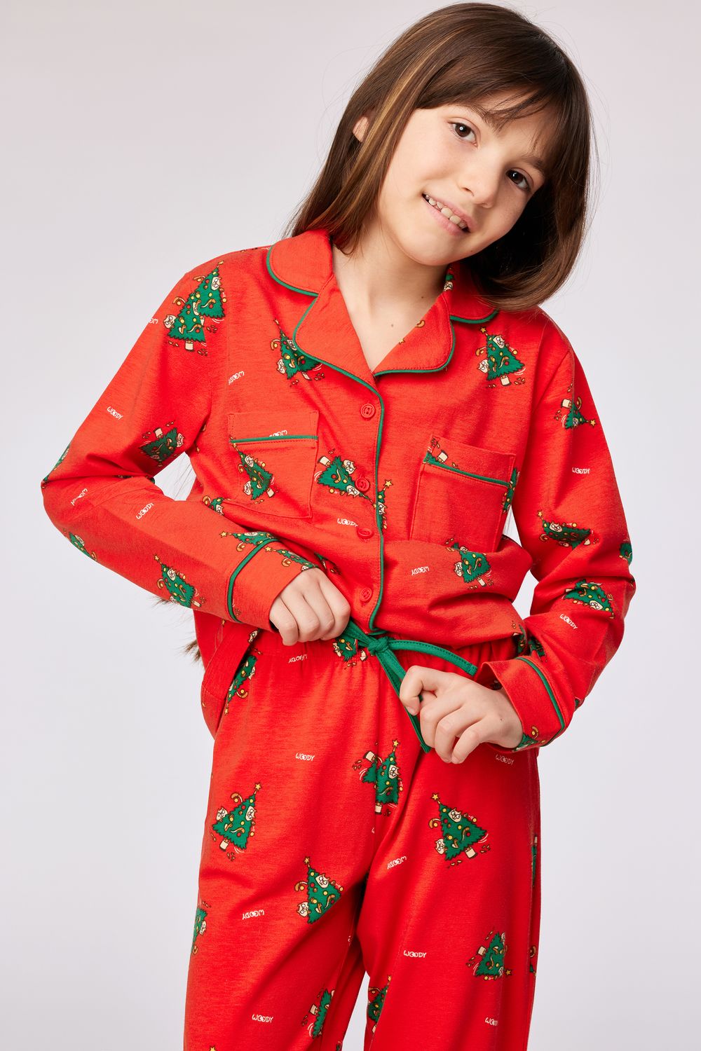Woody - Meisjes/Dames Kerst Pyjama - Rood met Kerstbomen