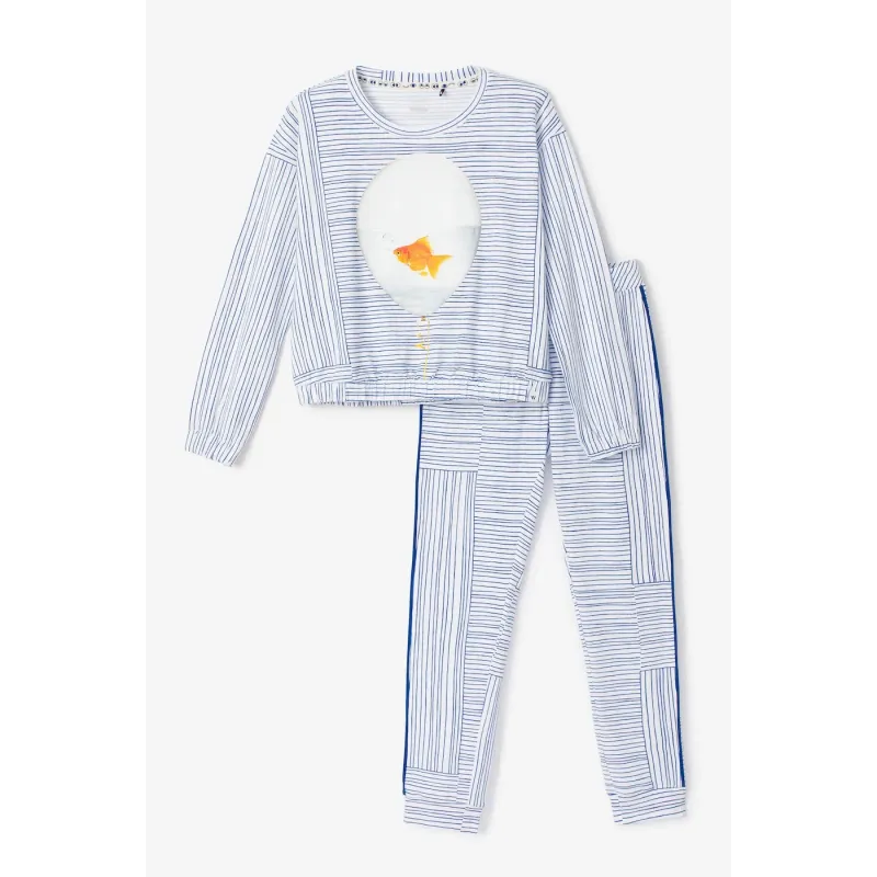 Woody X Anne Kurris - Meisjes Pyjama - Wit/Blauw Gestreept