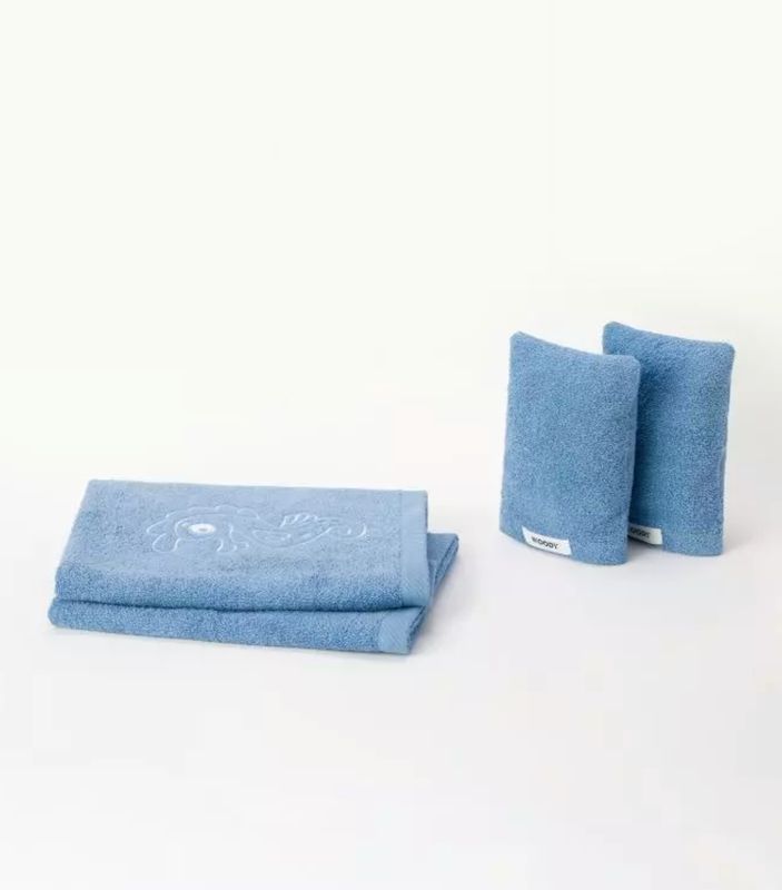 Woody - Woody - Set 2 oranje handdoeken en 2 washandjes in badstof - Oranje - Blauw