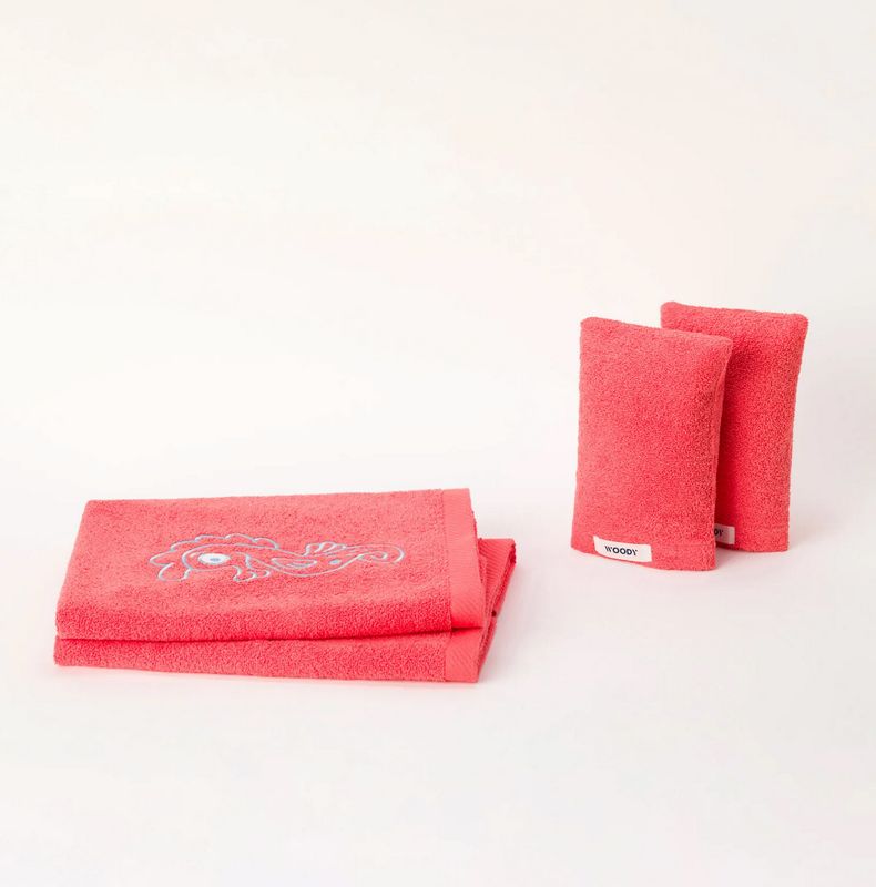 Woody - Set handdoeken + washandjes - Koraalrood
