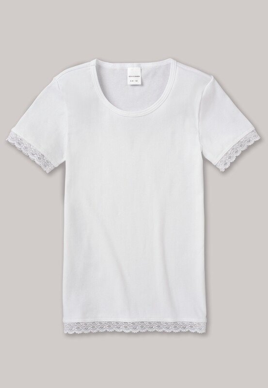 Schiesser - Shirt korte mouwen met kant dubbelrib wit - Long Life Cotton