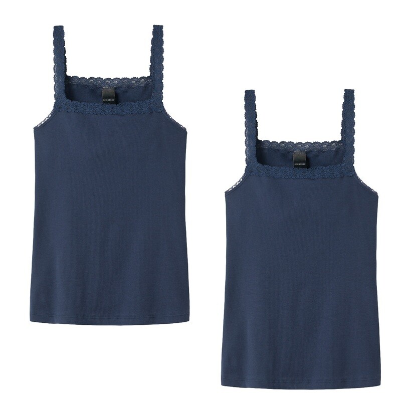 Schiesser - Onderhemd spaghettibandjes met kant dubbelrib nachtblauw - Long Life Cotton