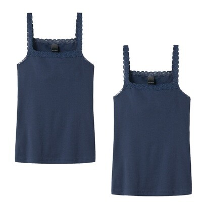 Schiesser - Onderhemd spaghettibandjes met kant dubbelrib nachtblauw - Long Life Cotton