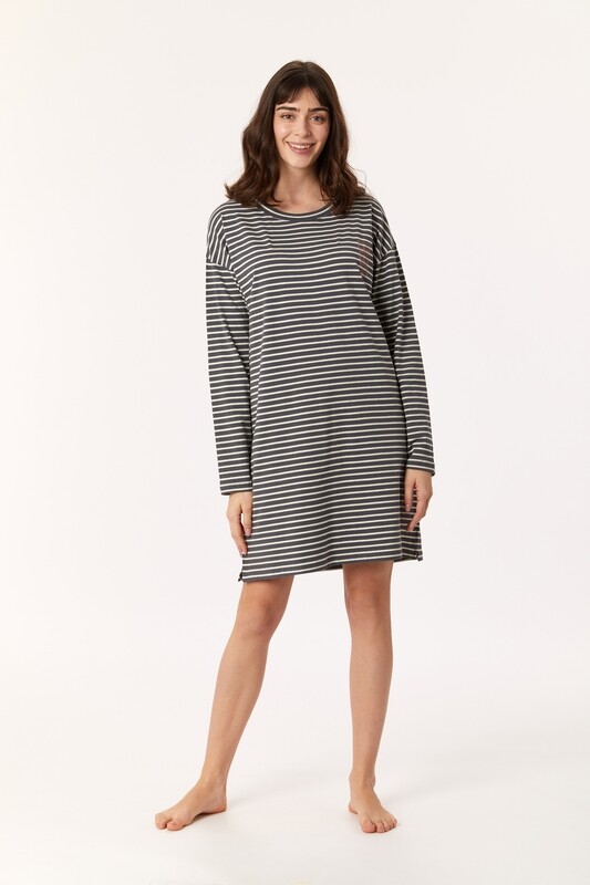 Woody - Meisjes/Dames Slaapkleed - Antraciet/Gebroken Wit Gestreept *