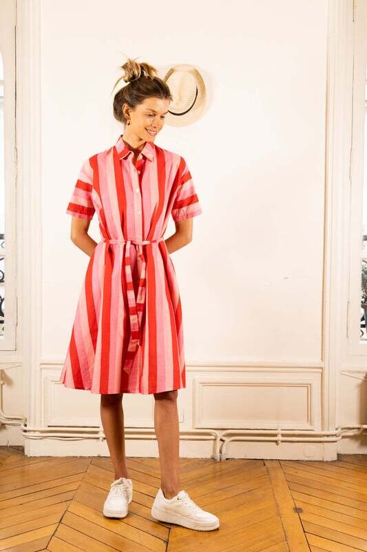 Judith Lacroix - Zomerkleed 100% katoen "Kiaraorleanrose" Rood/fushia gestreept -