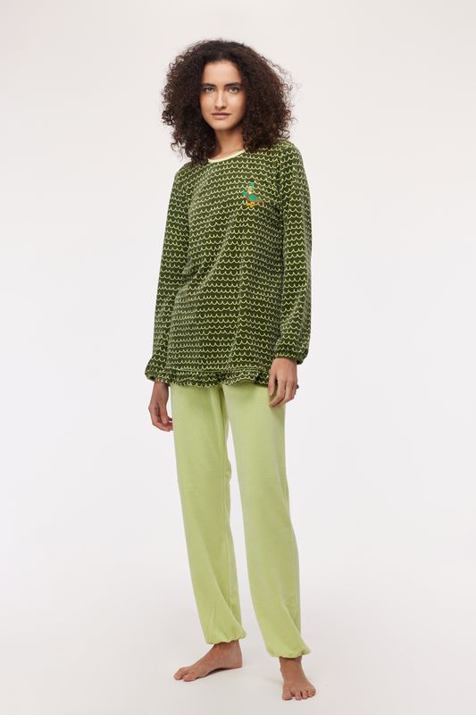 Woody - Meisjes-Dames Pyjama in velours - Groene golfjes