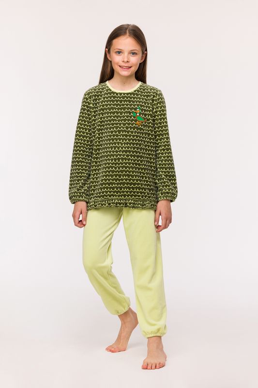 Woody - Meisjes-Dames Pyjama in velours - Groene golfjes