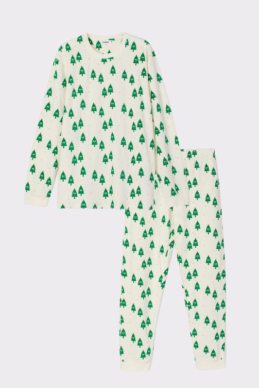Woody - Unisex Pyjama Kerstcollectie - Ecru Kerstboompjes