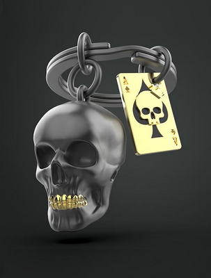 Metalmorphose  - Sleutelhanger  - Zwarte Schedel met Speelkaart Key Ring 💀🃏🔑