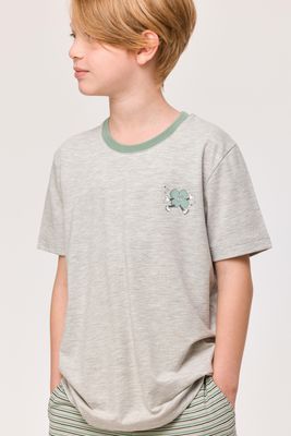 Woody – Boys / Men's Pyjamas – Light Grey with Green Details &amp; Striped Shorts