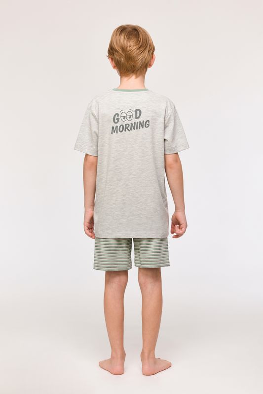 Woody – Boys / Men's Pyjamas – Light Grey with Green Details &amp; Striped Shorts