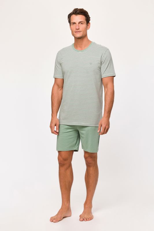 Stylish Woody boys’/men’s pyjama in khaki-grey stripes.