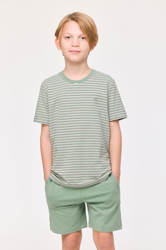 Stylish Woody boys’/men’s pyjama in khaki-grey stripes.