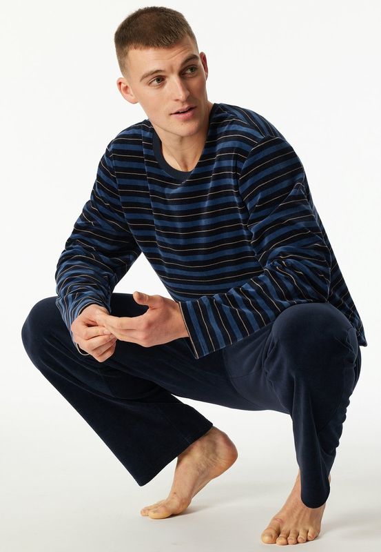 Schiesser - Herenpyjama Velours - Donkerblauw Gestreept