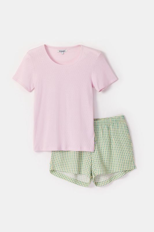 Woody - Meisjes/ Dames Pyjama - Lichtroze - 100% organisch katoen - tetra short met ruitjes