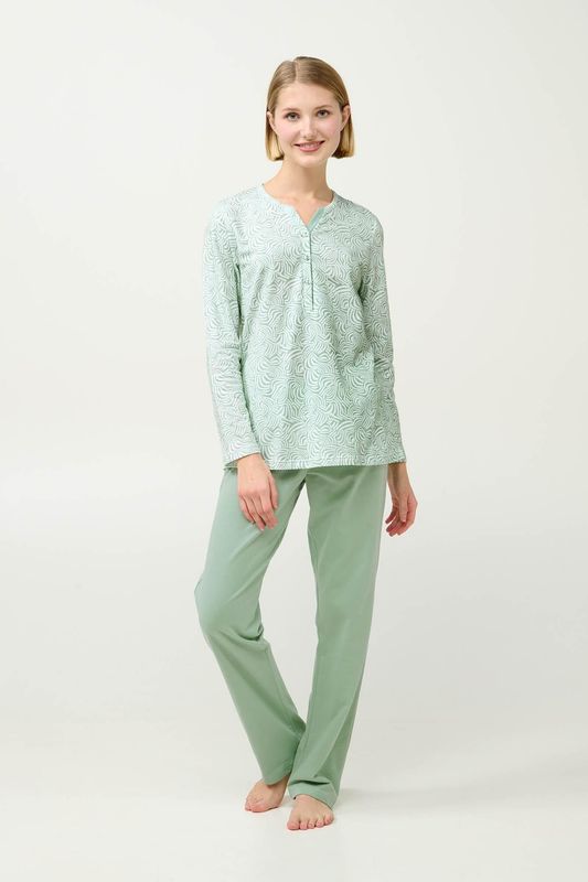 Vamp - Dames pyjama katoen fleece –  groene zebra-print top en effen broek