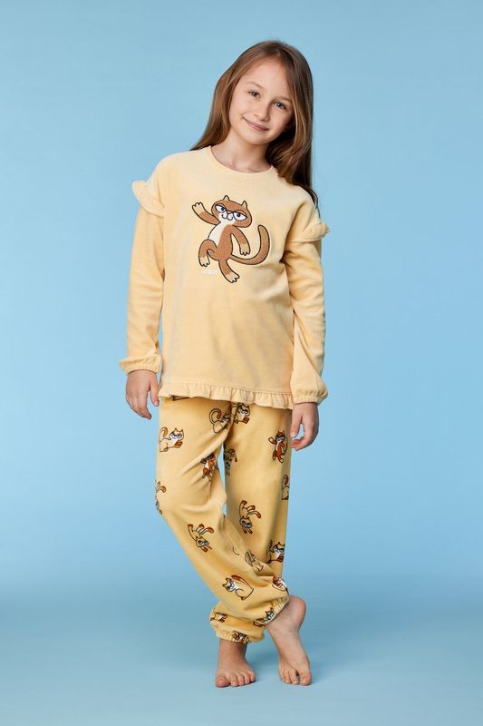 Woody - Meisjes Pyjama - Lichtgeel met Kat