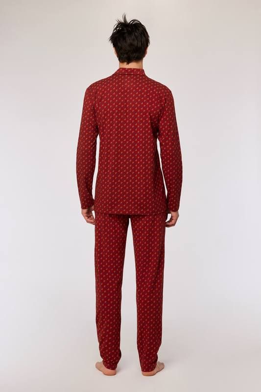 Woody - Heren Pyjama doorknoop - Donkerrode geometrische print
