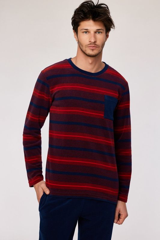 Woody - Heren Pyjama in Velours - Rood/Blauw gestreept