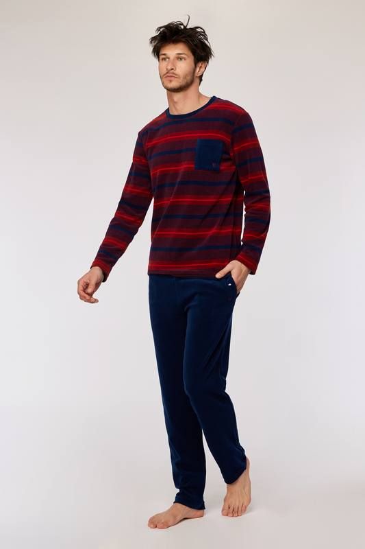 Woody - Heren Pyjama in Velours - Rood/Blauw gestreept