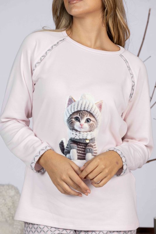 Mira - Dames Pyjama - Lichtroze met Kitten
