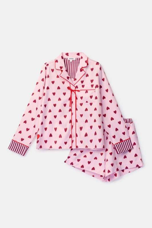 Woody - Roze pyjama met short - Satijnlook - 60% Viscose