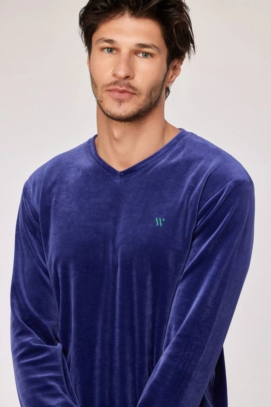 Woody - Donkerblauwe pyjama met gestreepte broek in velours