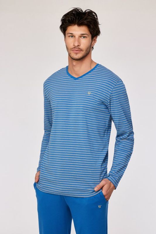 Woody - Blauw-geel gestreepte pyjama in katoen