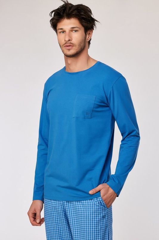 Woody - Donkerblauwe pyjama met lichtblauwe ruitjesbroek