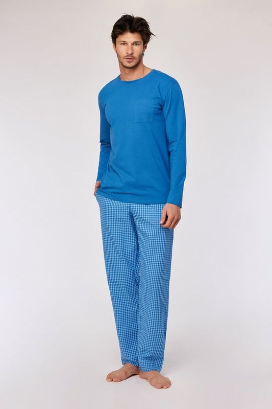 Donkerblauwe pyjama met lichtblauwe ruitjesbroek