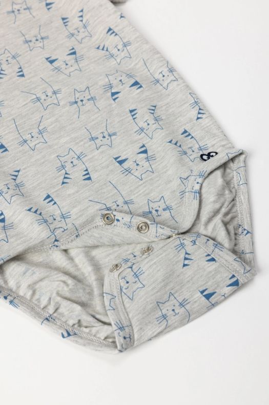 Woody - Grijze body in katoen met kattenprint en korte mouwen