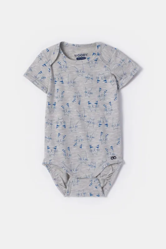 Woody - Grijze body in katoen met kattenprint en korte mouwen