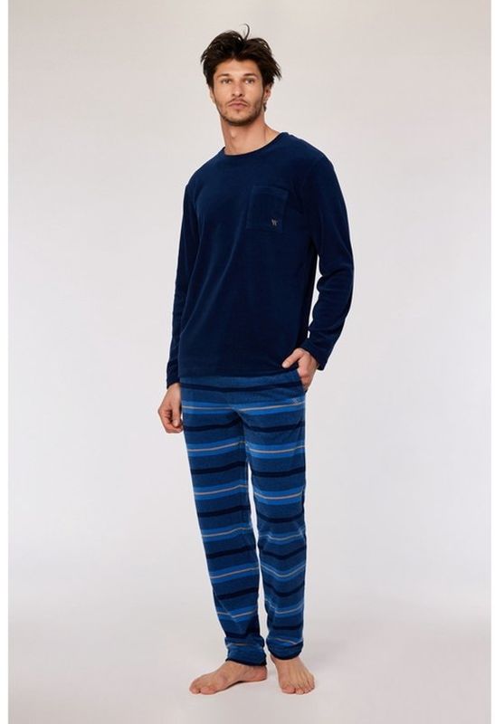 Donkerblauwe pyjama met gestreepte broek in polar fleece