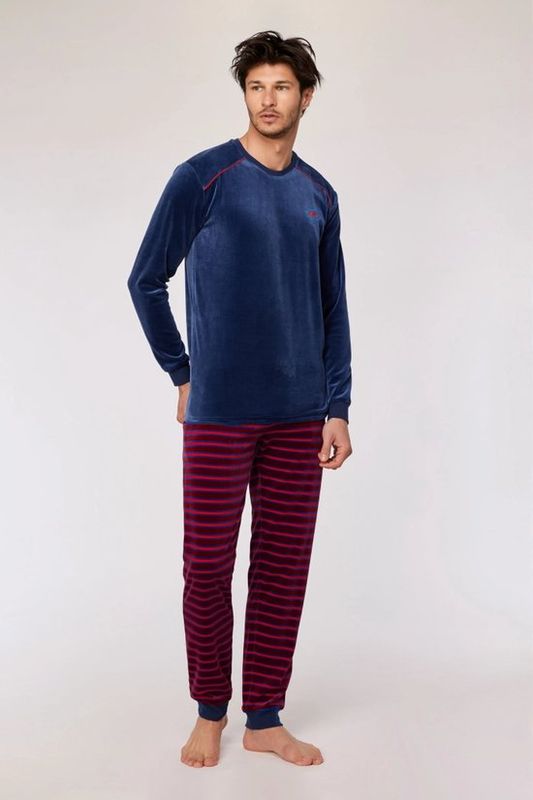 Donkerblauwe pyjama met gestreepte broek in velours