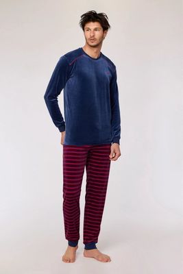 Woody - Donkerblauwe pyjama met gestreepte broek in velours