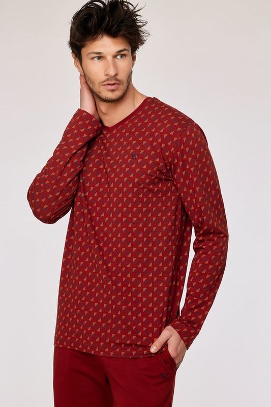 Woody - Donkerrode pyjama met geometrische print in katoen
